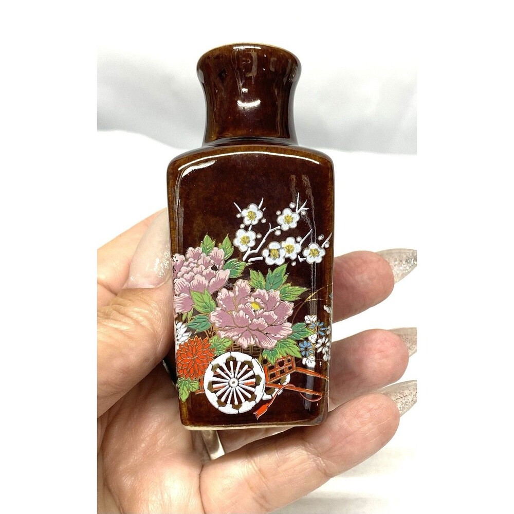 Vintage Japanese Brown Square Miniature Ceramic Vase with Floral Design